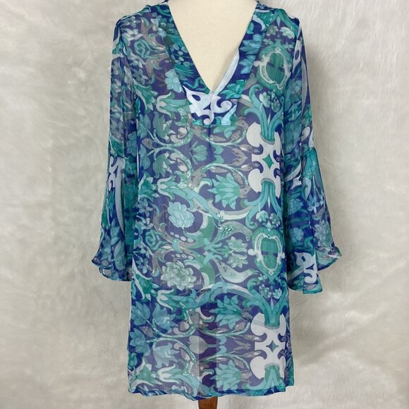 Antica Sartoria Sheer Blue Floral Bird Beach Coverup NWT One Size - Picture 1 of 8